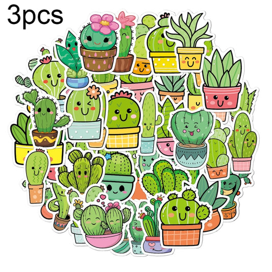 3 Sets 50PCS/Set Cartoon Cactus DIY Handbook Decorative Stickers Floral Laptop Waterproof Sticker