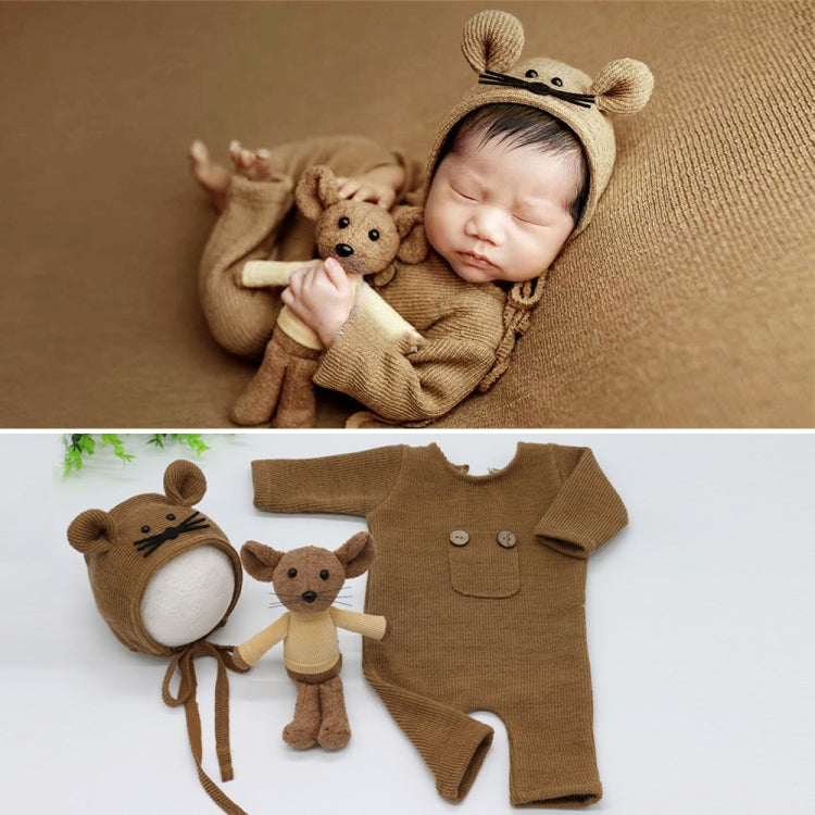 Newborn Photography Clothing Baby Knitted Jumpsuit + Hat + Mouse Doll Three-Piece Set