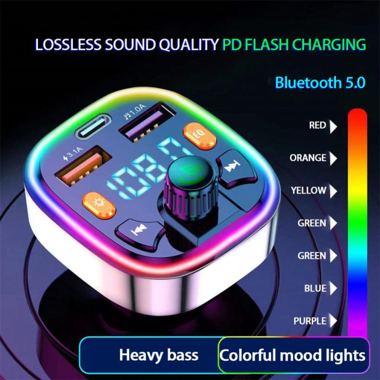 3.1A USB+PD Bluetooth Car Charger Car FM Transmitter Colorful Lighting