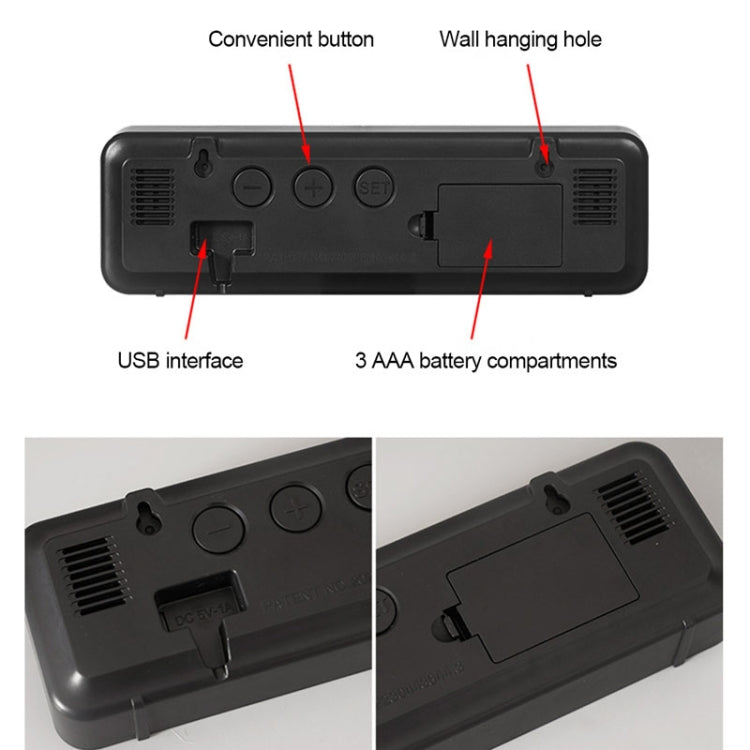 671  Mirror Screen Digital LED Alarm Clock USB Plug-in/Battery Dual-use With Temperature/Humidity Display