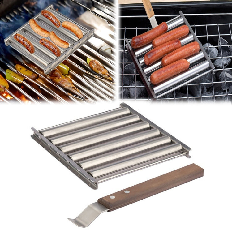 Hot Dog Sausage Grill Stainless Steel Wooden Handle BBQ Rack Kitchen Tools