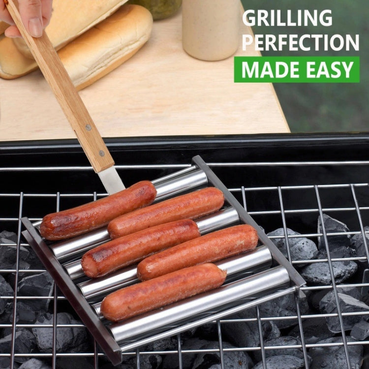 Hot Dog Sausage Grill Stainless Steel Wooden Handle BBQ Rack Kitchen Tools