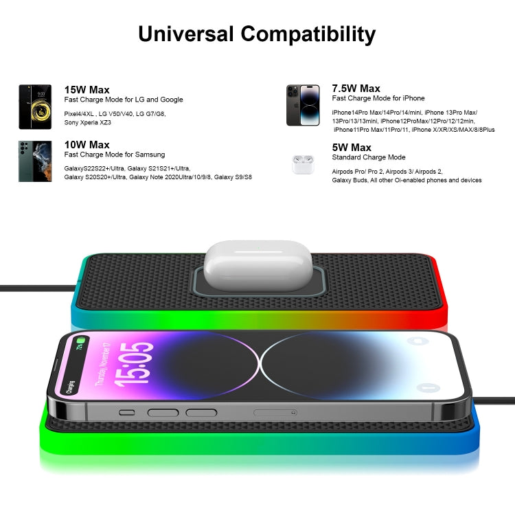 2 In 1 15W Car Mobile Phone Wireless Charger Non-slip Mat with Colorful Light