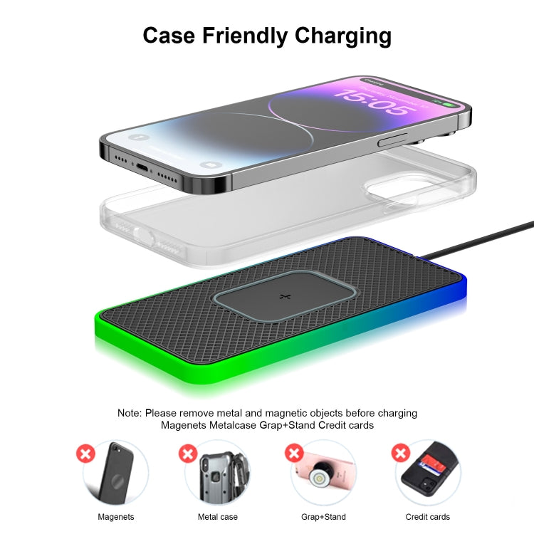 2 In 1 15W Car Mobile Phone Wireless Charger Non-slip Mat with Colorful Light