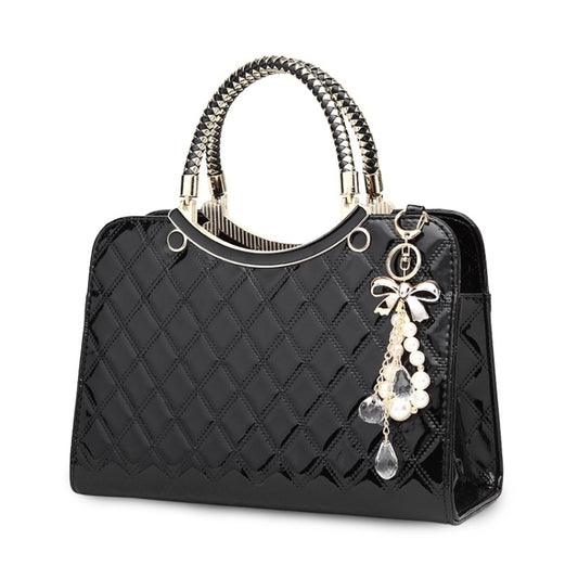 Large capacity PU Leather Diamond Pattern Ladies Handbag with Hanging Ornaments