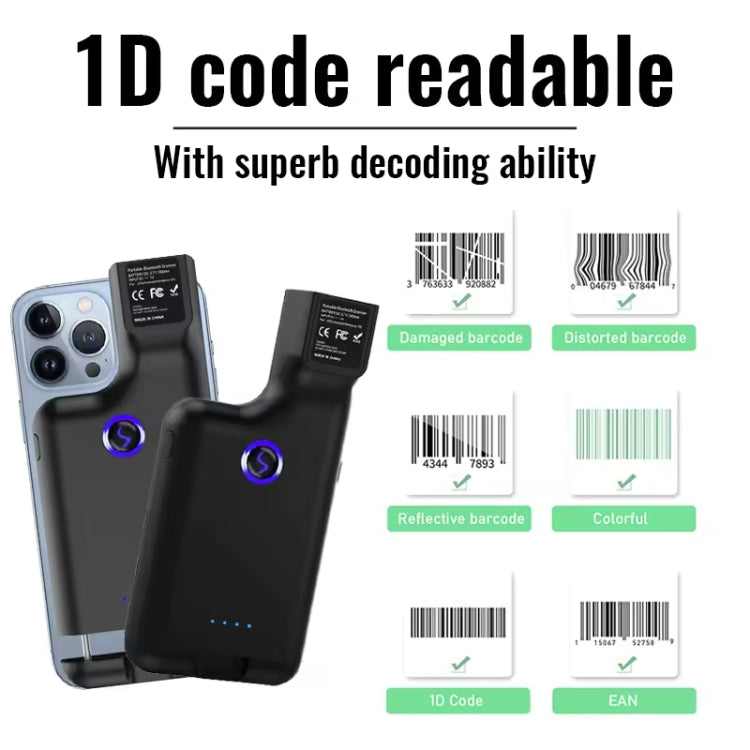 1D Bluetooth Barcode Scanner Wireless Back Clip Phone Barcode Reader