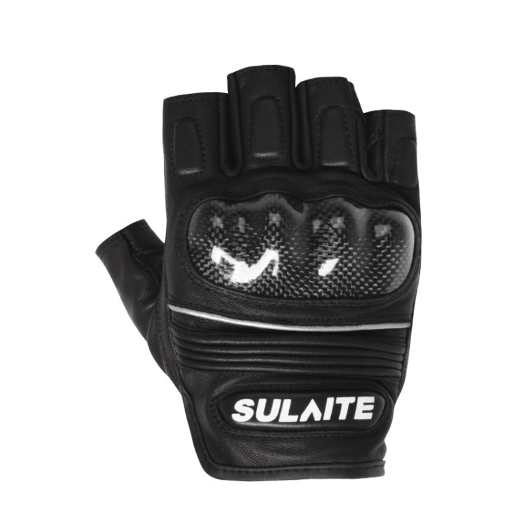 SULAITE Motorcycle Sheepskin Carbon Fiber Breathable Half-finger Riding Gloves, M, L