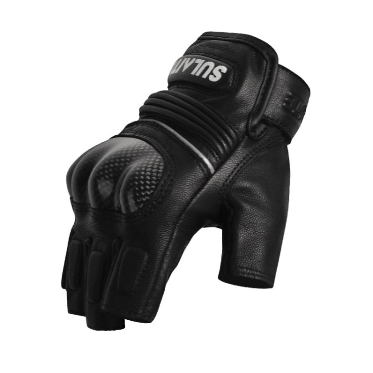 SULAITE Motorcycle Sheepskin Carbon Fiber Breathable Half-finger Riding Gloves, M, L