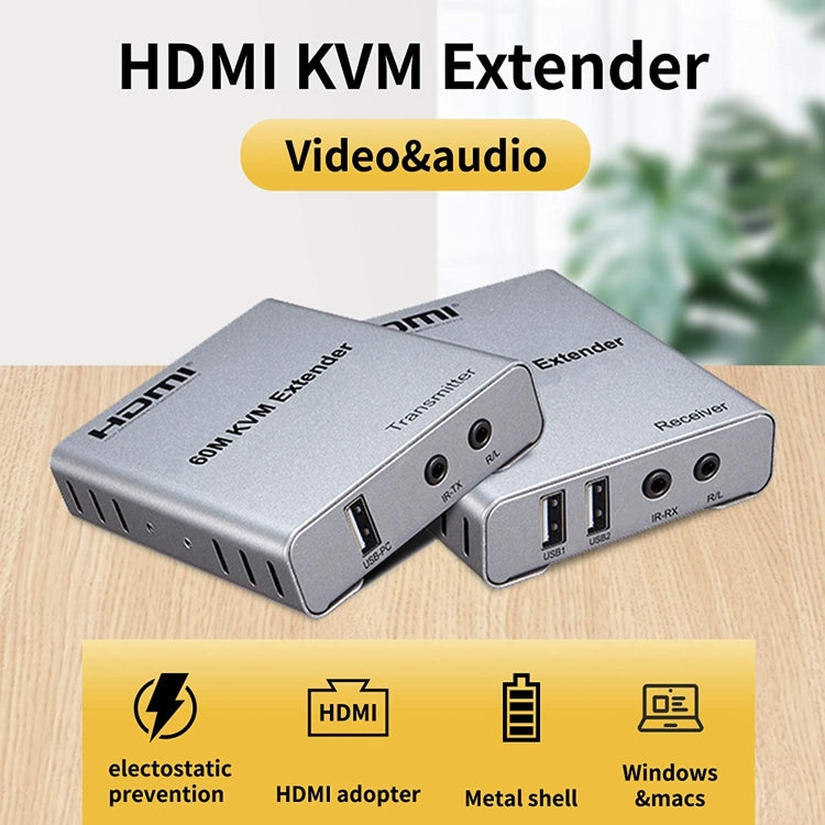 KVM 60m HDMI Network Cable Extender With Audio/Video Transmitter+Receiver, US Plug