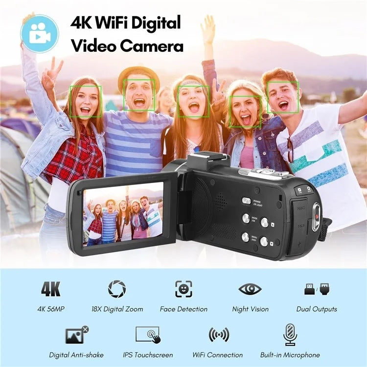 4K  Digital Video Camera 3 Inch IPS Touch Screen 56MP 18X Digital Zoom WiFi Camcorder