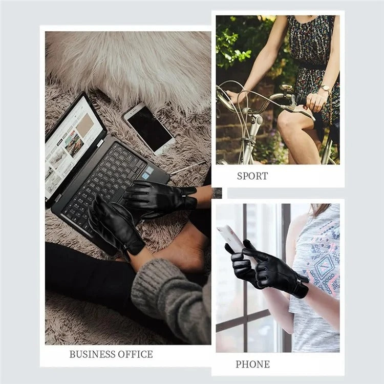 Women Sheepskin Wool Fleece Lined Windproof Warm Gloves Touchscreen Thick Snow Driving Gloves