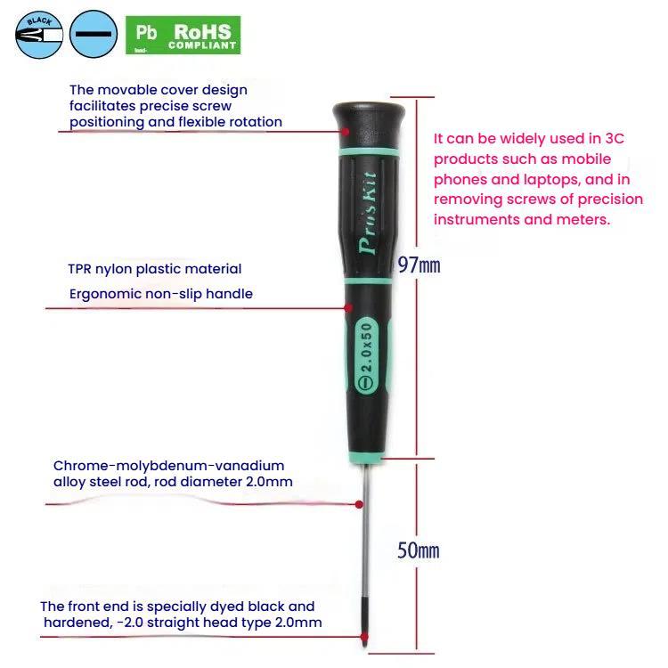 ProsKit SD-081-S3 Slotted Precision Screwdriver(2.0 x 50mm) for Daily Electronics Repairs