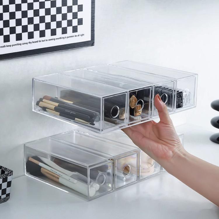 Acrylic Desk Organizer With 4 Drawers Stackable Glasses Display Case Makeup Brush Stationery Storage Box