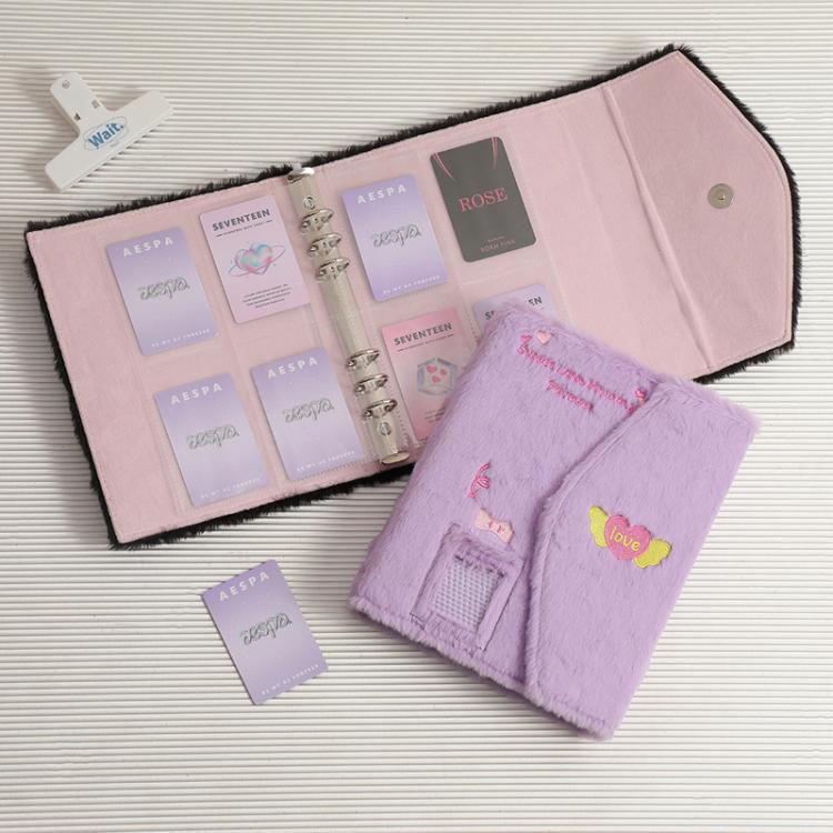 Hisocute Embroidered Plush Six Hole Magnetic Album A5 Card Album Binder Student Storage Booklet