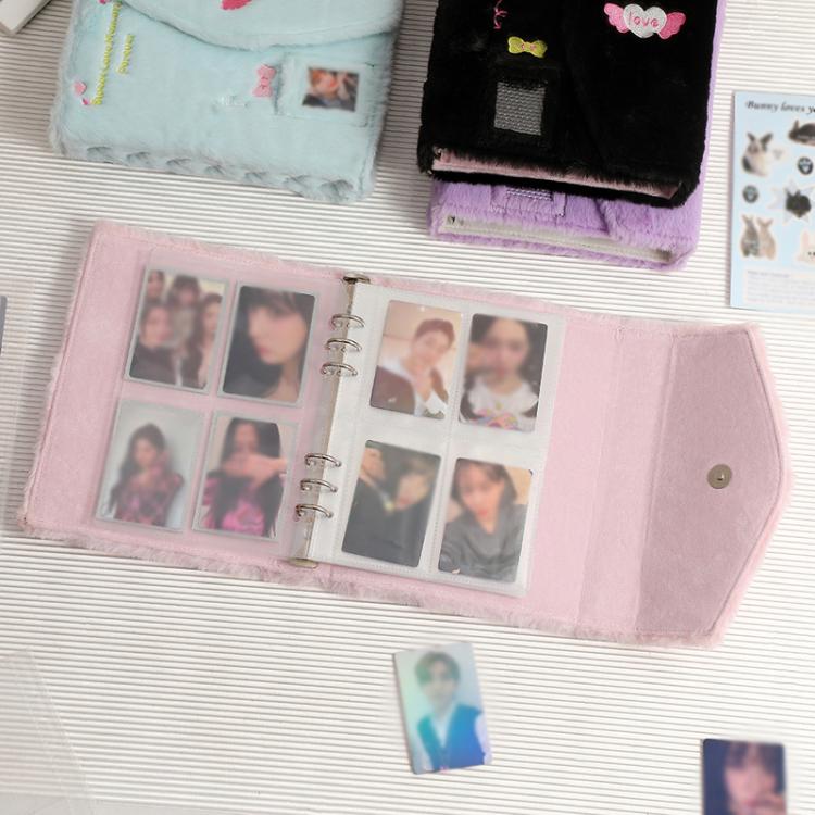 Hisocute Embroidered Plush Six Hole Magnetic Album A5 Card Album Binder Student Storage Booklet