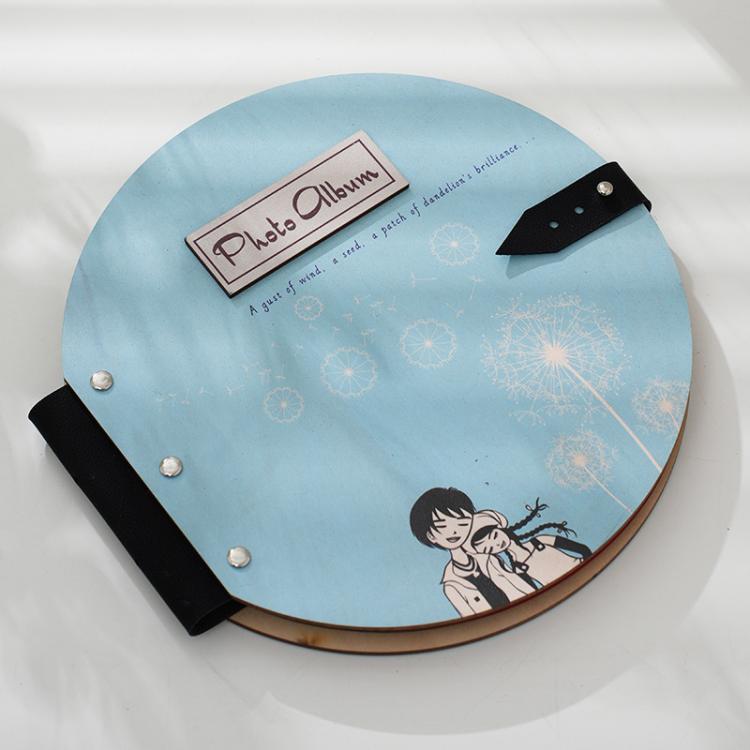 Wooden Round Photo Album Memorial Album Kids Growth Photobooks Cartoon DIY Scrapbook