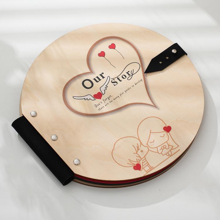 Wooden Round Photo Album Memorial Album Kids Growth Photobooks Cartoon DIY Scrapbook