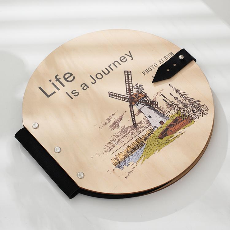 Wooden Round Photo Album Memorial Album Kids Growth Photobooks Cartoon DIY Scrapbook