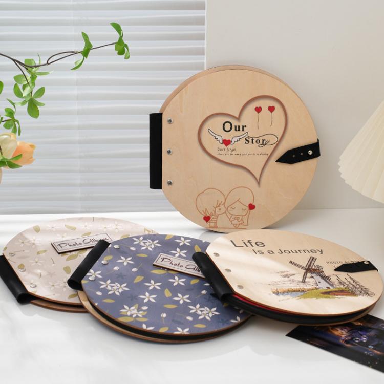 Wooden Round Photo Album Memorial Album Kids Growth Photobooks Cartoon DIY Scrapbook