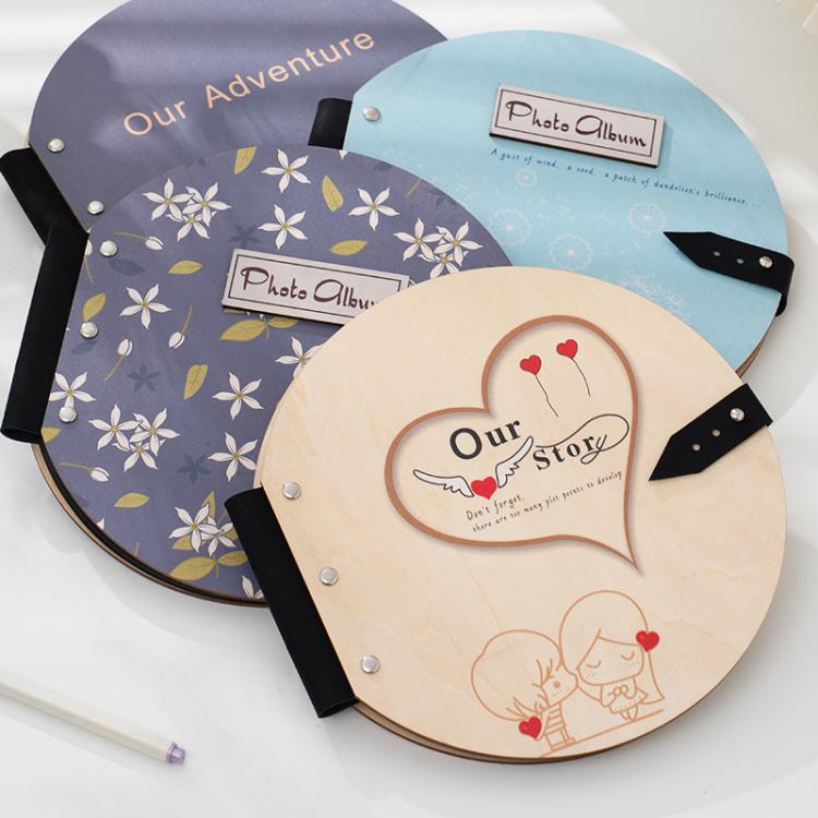 Wooden Round Photo Album Memorial Album Kids Growth Photobooks Cartoon DIY Scrapbook