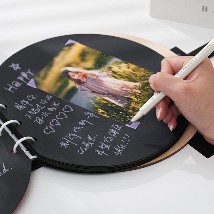 Wooden Round Photo Album Memorial Album Kids Growth Photobooks Cartoon DIY Scrapbook