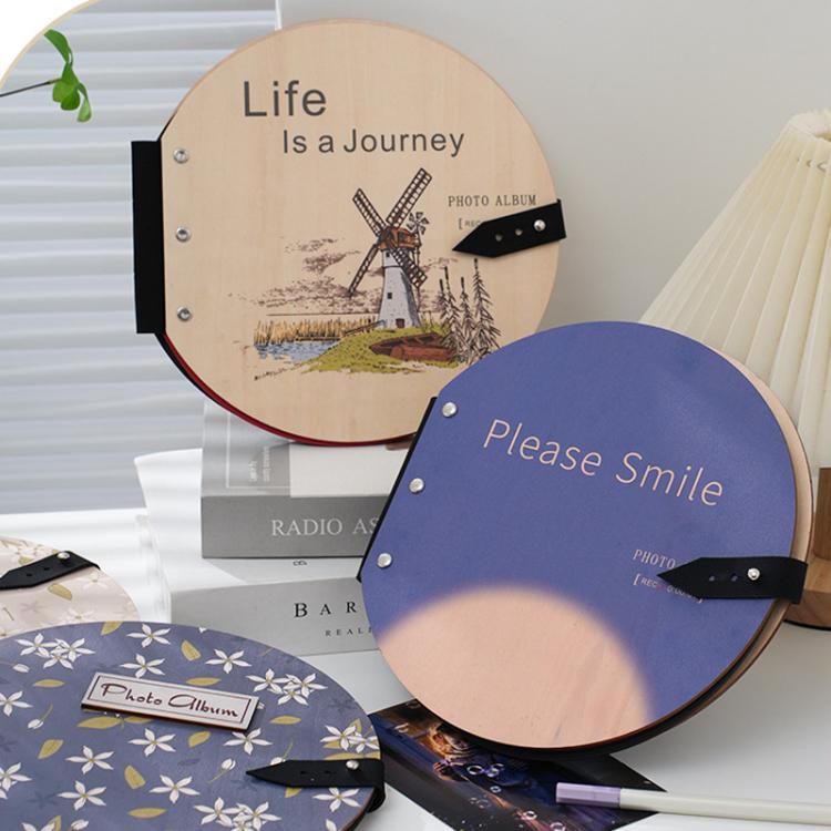 Wooden Round Photo Album Memorial Album Kids Growth Photobooks Cartoon DIY Scrapbook