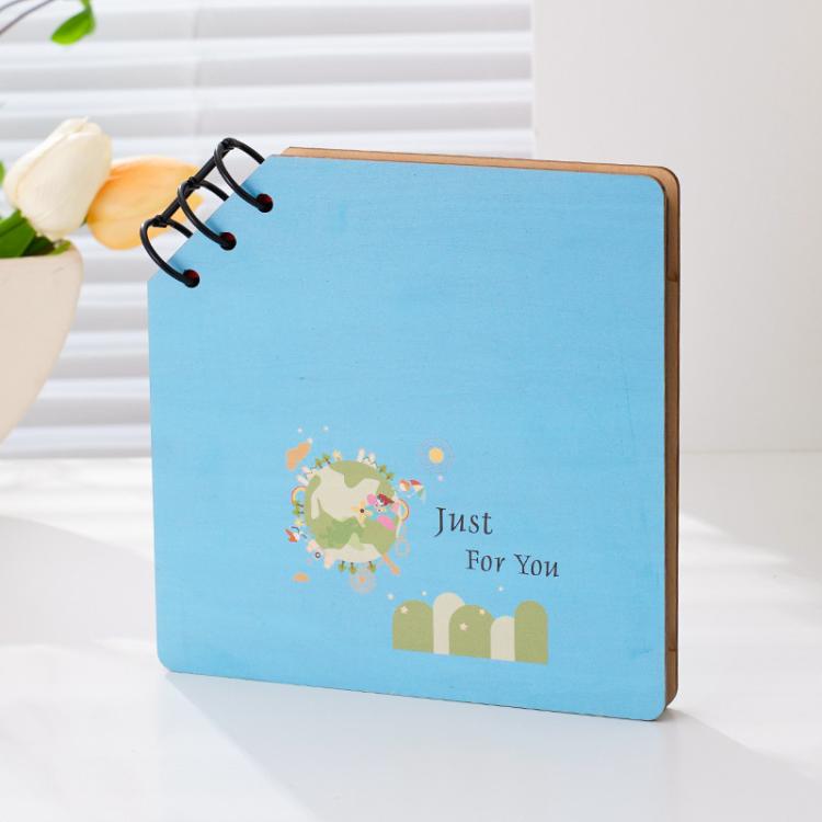DIY Wooden Square Memorial Album Kids Growth Photo Album Cartoon Photo Book