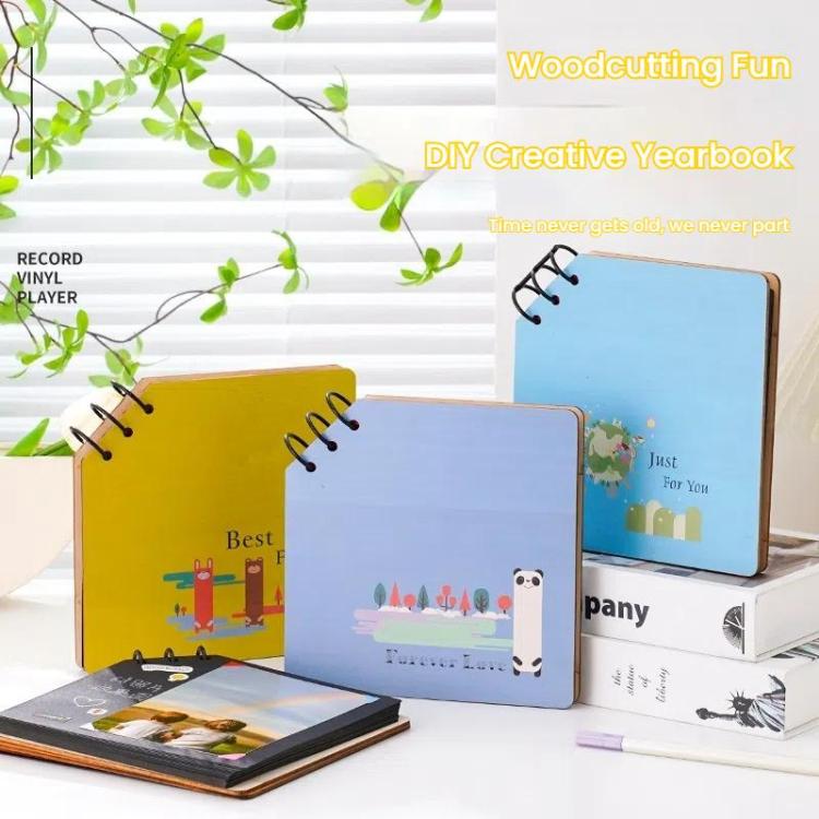 DIY Wooden Square Memorial Album Kids Growth Photo Album Cartoon Photo Book