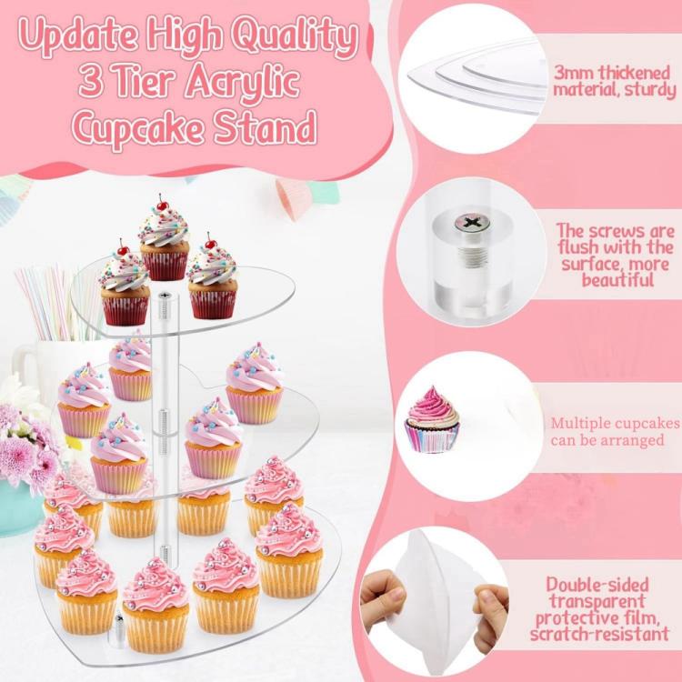 Acrylic Three-Tier Heart-Shaped Wedding Birthday Cupcake Stand