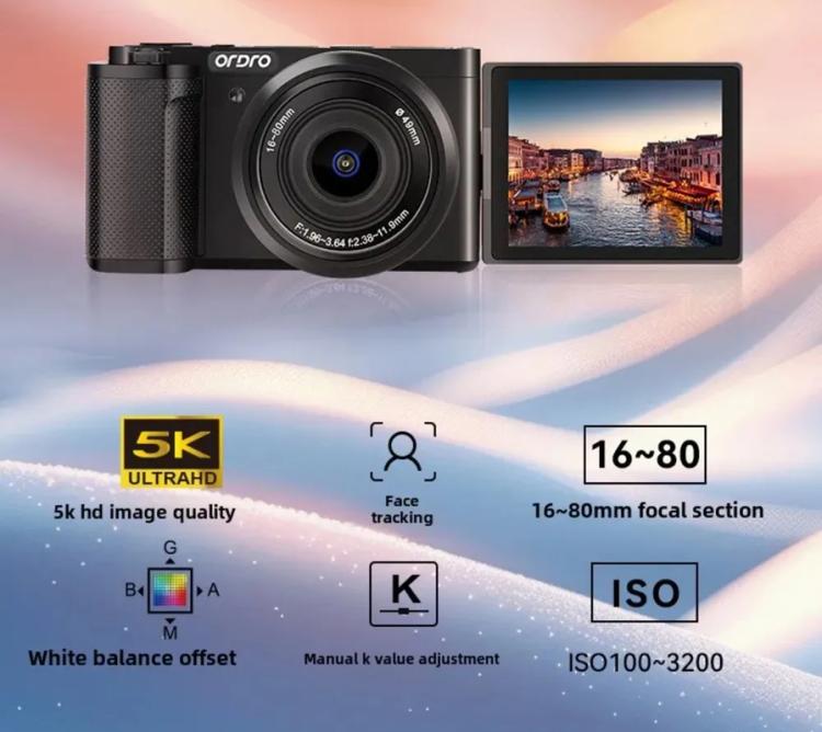 Ordro G930 8.0MP 5K CCD Digital Camera 5X Optical Zoom & Wide-Angle 3.2" Touch Screen Vlogging Camera