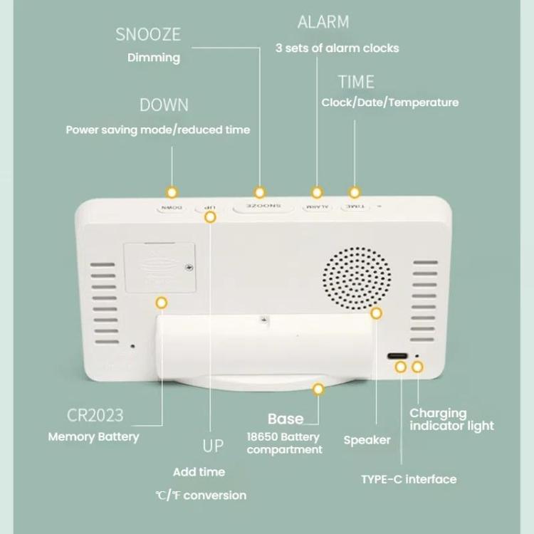 LED Mirror Digital Clock with Type-C Charging Port & 18650 Battery Compartment (Battery Not Included)