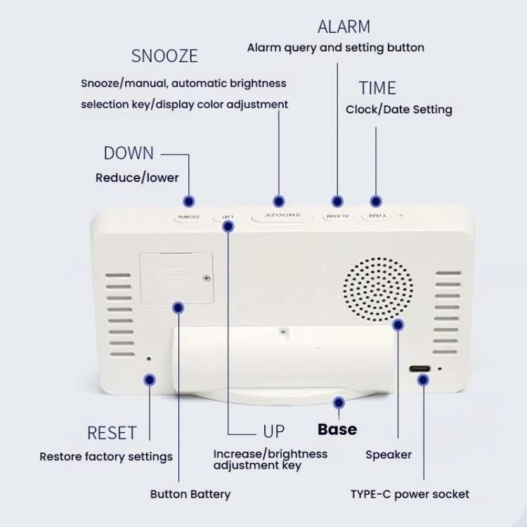 11 Colors Dynamic RGB Digital Alarm Clock 12/24H 6 Levels Brightness 2 Alarms Table Clock