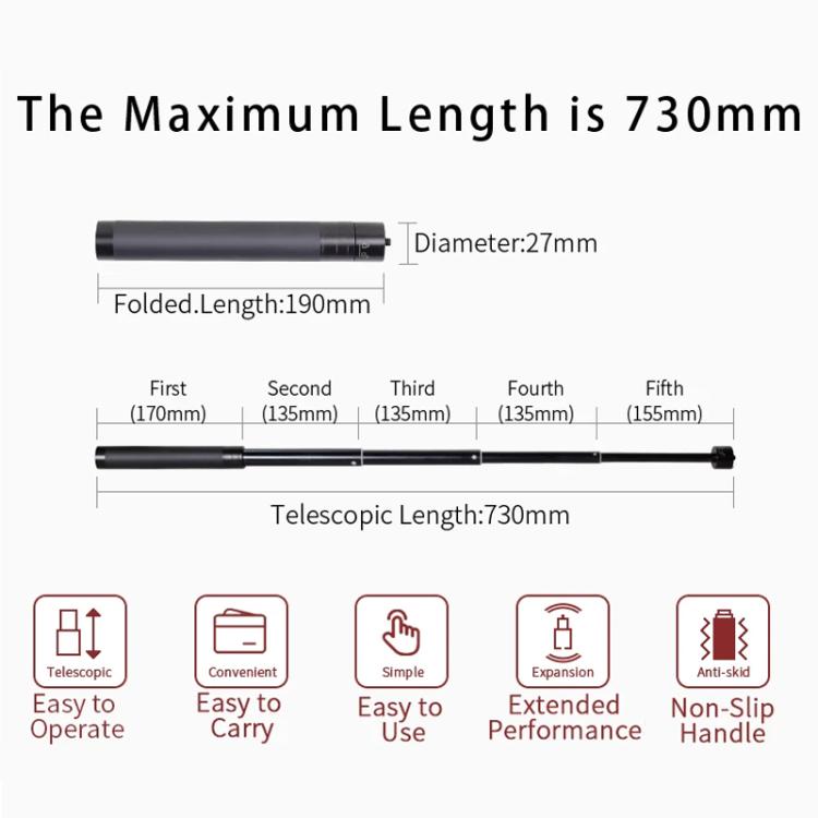 XILETU 19-73cm 5-section Telescopic Stabilizer Extension Rod Phone Camera Selfie Stick