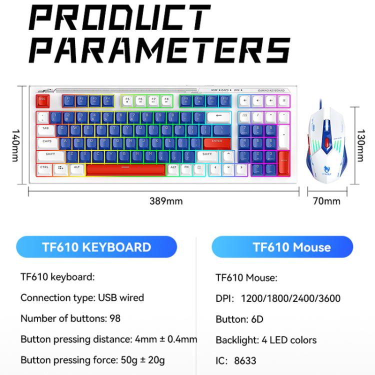 T-WOLF  TF610 USB-C/Type-C Wired 98 Keys Keyboard and Mouse Combo Dual-Tone Keycaps Gaming Set