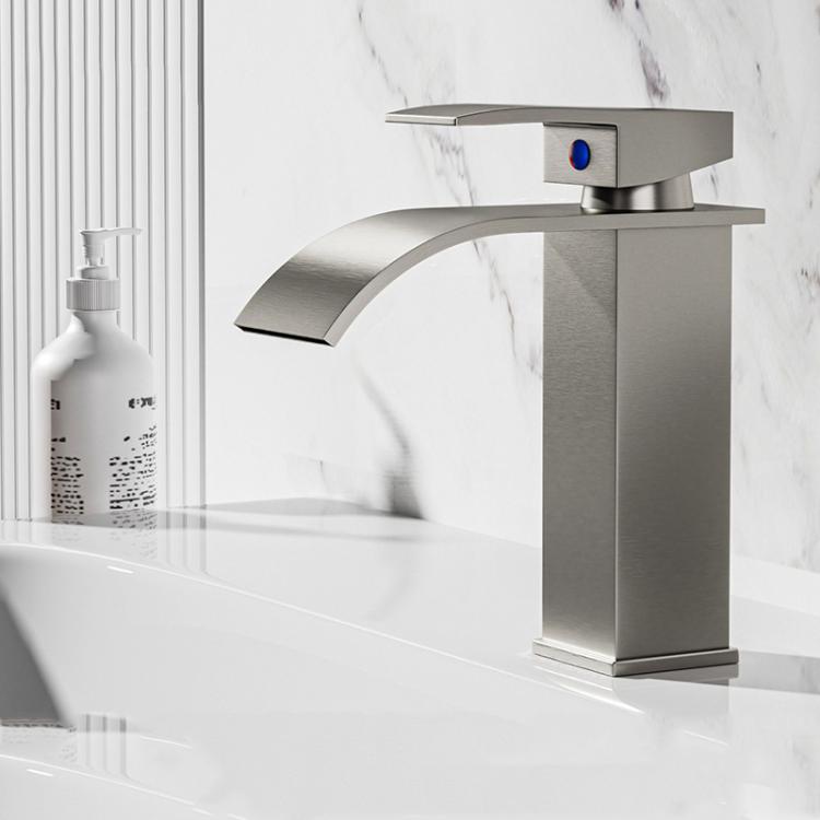 Waterfall Wash Basin Faucet Stainless Steel Hot/Cold Water Mixer Tap for Sink Basin, Low Silver Plating, Low Steel Grey, Low Rose Gold, High Black, High Silver Plating, High Steel Grey, High Rose Gold
