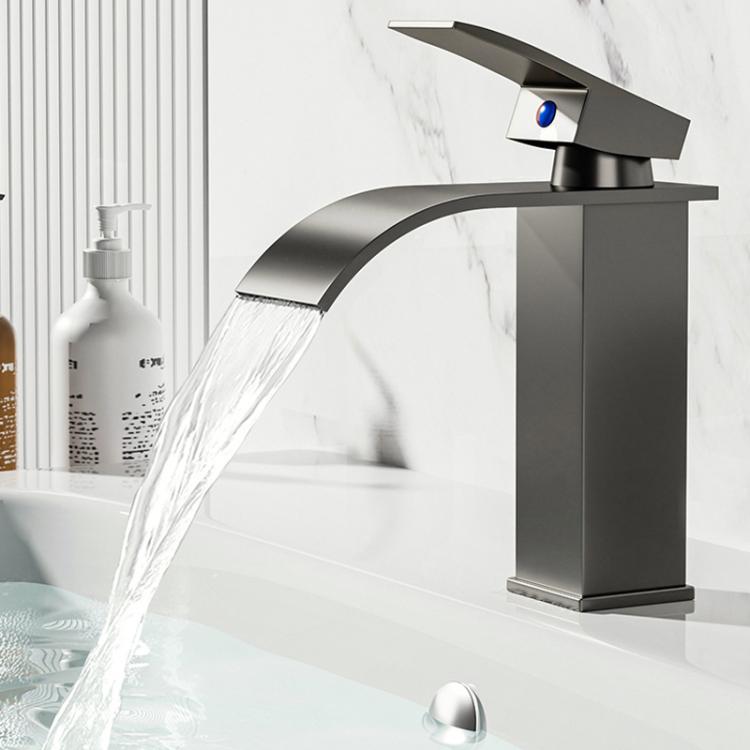 Waterfall Wash Basin Faucet Stainless Steel Hot/Cold Water Mixer Tap for Sink Basin, Low Silver Plating, Low Steel Grey, Low Rose Gold, High Black, High Silver Plating, High Steel Grey, High Rose Gold