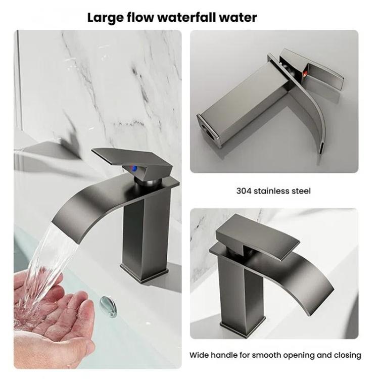 Waterfall Wash Basin Faucet Stainless Steel Hot/Cold Water Mixer Tap for Sink Basin, Low Silver Plating, Low Steel Grey, Low Rose Gold, High Black, High Silver Plating, High Steel Grey, High Rose Gold
