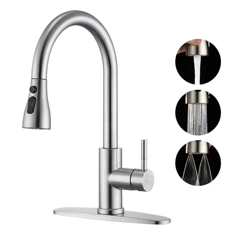 Pull-Out 3 Modes Kitchen Faucet Hot/Cold Water Mixer Tap With Base, Brushed Silver, Black