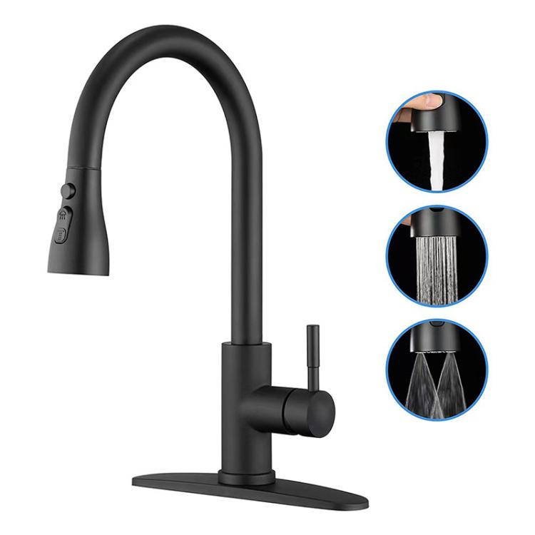 Pull-Out 3 Modes Kitchen Faucet Hot/Cold Water Mixer Tap With Base, Brushed Silver, Black