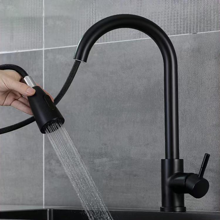 Pull-Out 3 Modes Kitchen Faucet Hot/Cold Water Mixer Tap With Base, Brushed Silver, Black