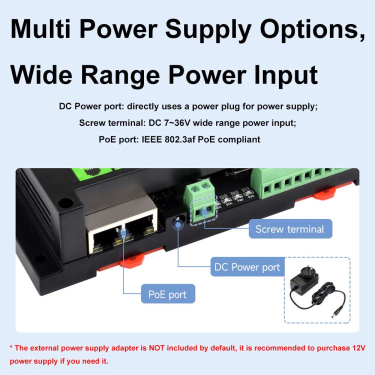 Waveshare Industrial Dual Ethernet Ports 8-ch Relay Module(C), PoE Power Supply
