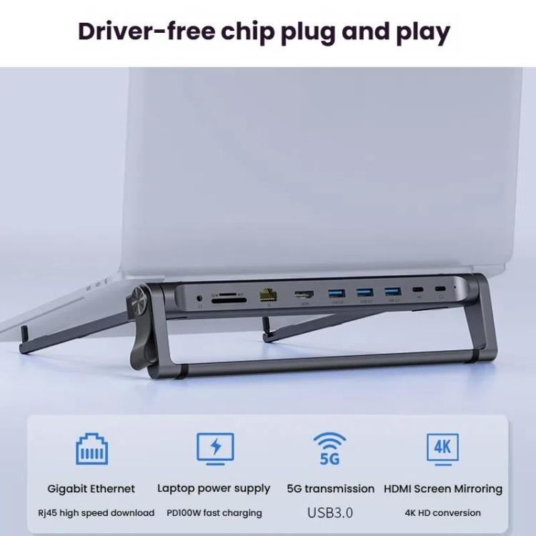 9 In 1 Hub Computer Stand Aluminum Alloy Folding PD Fast Charging With LAN Docking Station Laptop Bracket