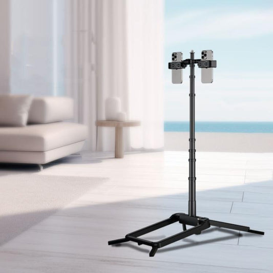 Adjustable 55-Inch Quadpod Live Streaming Phone Stand Foldable Tripod With Dual Phone Clip & 1/4 Inch Screw