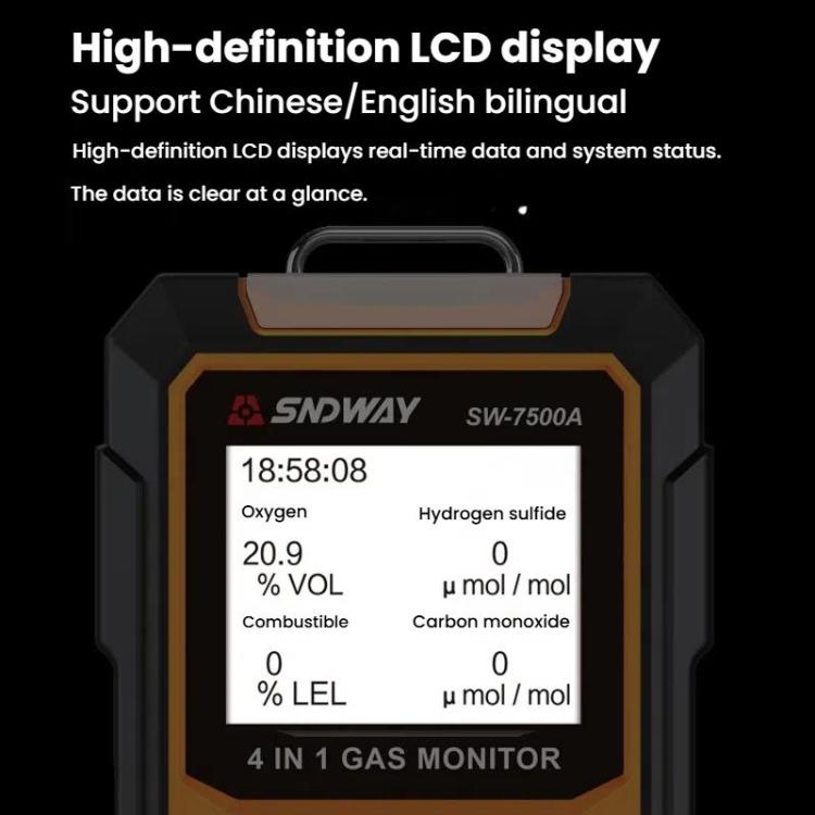 SNDWAY SW7500A 4 In 1 Gas Detector Combustible Gas Oxygen Hydrogen Sulfide Toxic and Harmful Detection Explosion-proof