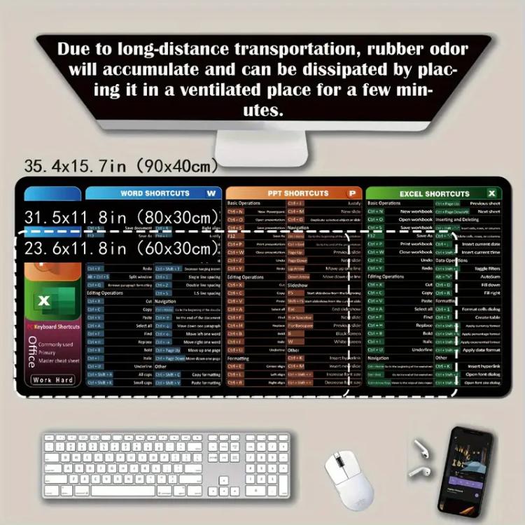 Keyboard Shortcut Desk Mat Mouse Pad Non-Slip Office Desk Pad With Computer Commands, 300x600x2mm, 300x600x3mm, 300x700x2mm, 300x700x3mm, 300x800x2mm, 300x800x3mm