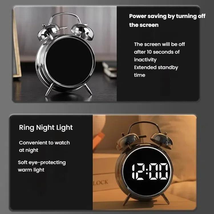12/24H LED Screen Alarm Clock Loud Metal Clock With Night Light Plug-In Children Clock