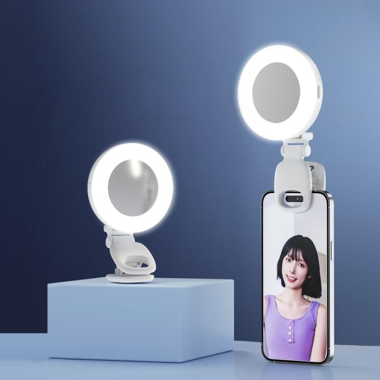 Clip-On Selfie Ring Light with Mirror Rechargeable Portable Makeup Light 3 Adjustable Color Temperatures