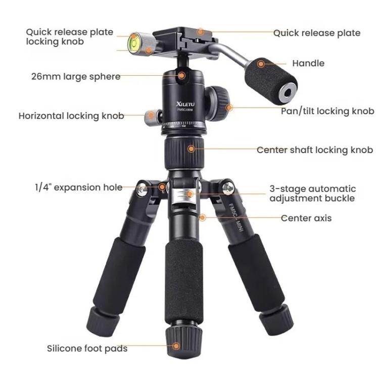 XILETU FM5C-MINI Adjustable 16.5-51cm Aluminum Tripod with 26mm Ball Head 6kg Load Capacity for 360-degree Panoramic Shooting