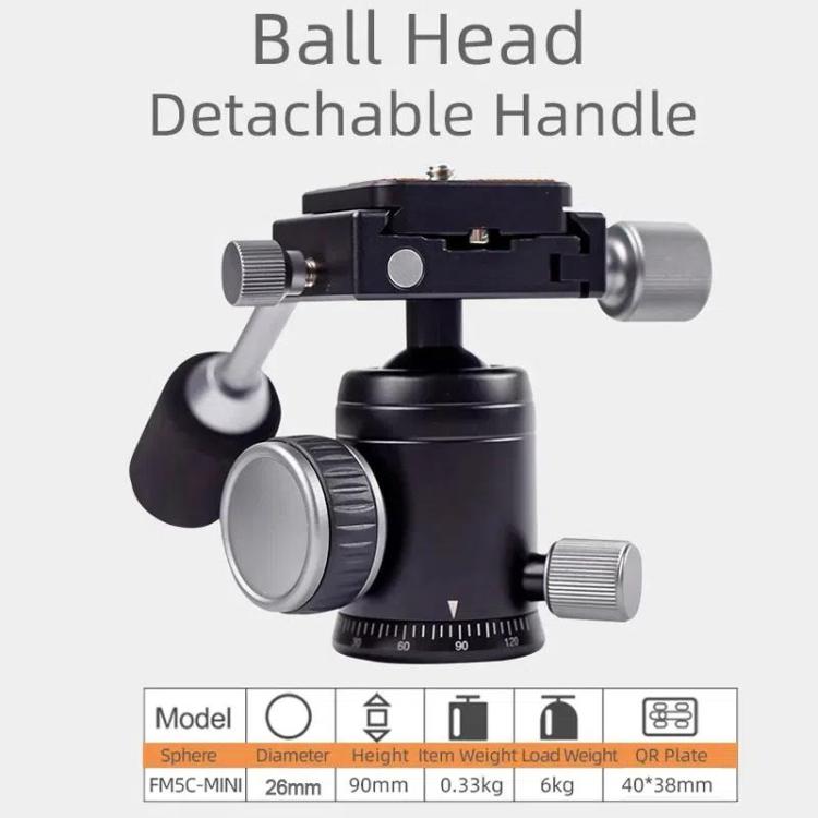 XILETU FM5C-MINI Adjustable 16.5-51cm Aluminum Tripod with 26mm Ball Head 6kg Load Capacity for 360-degree Panoramic Shooting