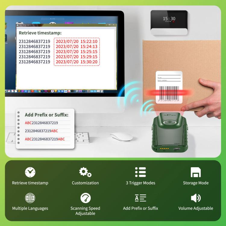 Cell Phone Back Clip Portable 1D Code Wireless Bluetooth Scanner